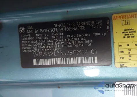 2008 BMW 335I из США, поврежденный, VIN WBAWL73528PX54101